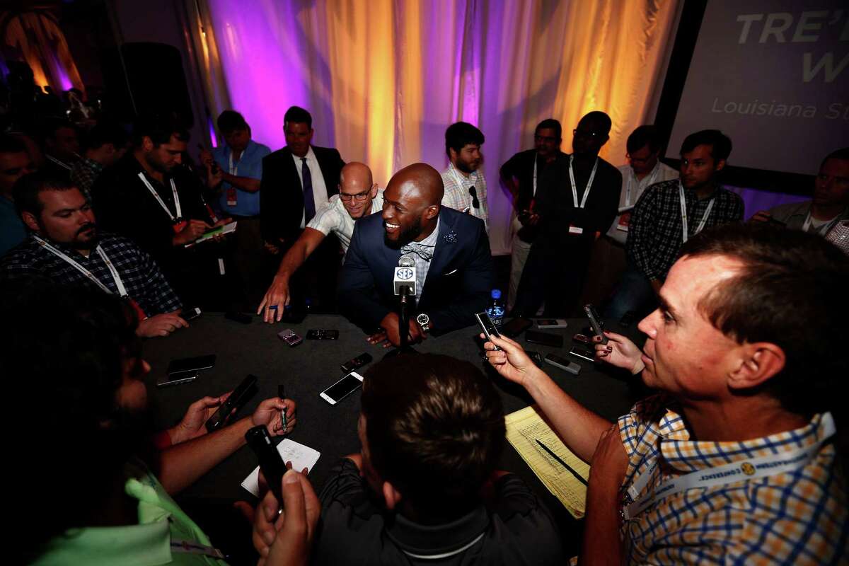 LSU running back Leonard Fournette speaks to the media at the Southeastern Conference NCAA college football media days, Thursday, July 14, 2016, in Hoover, Ala. (AP Photo/Brynn Anderson)