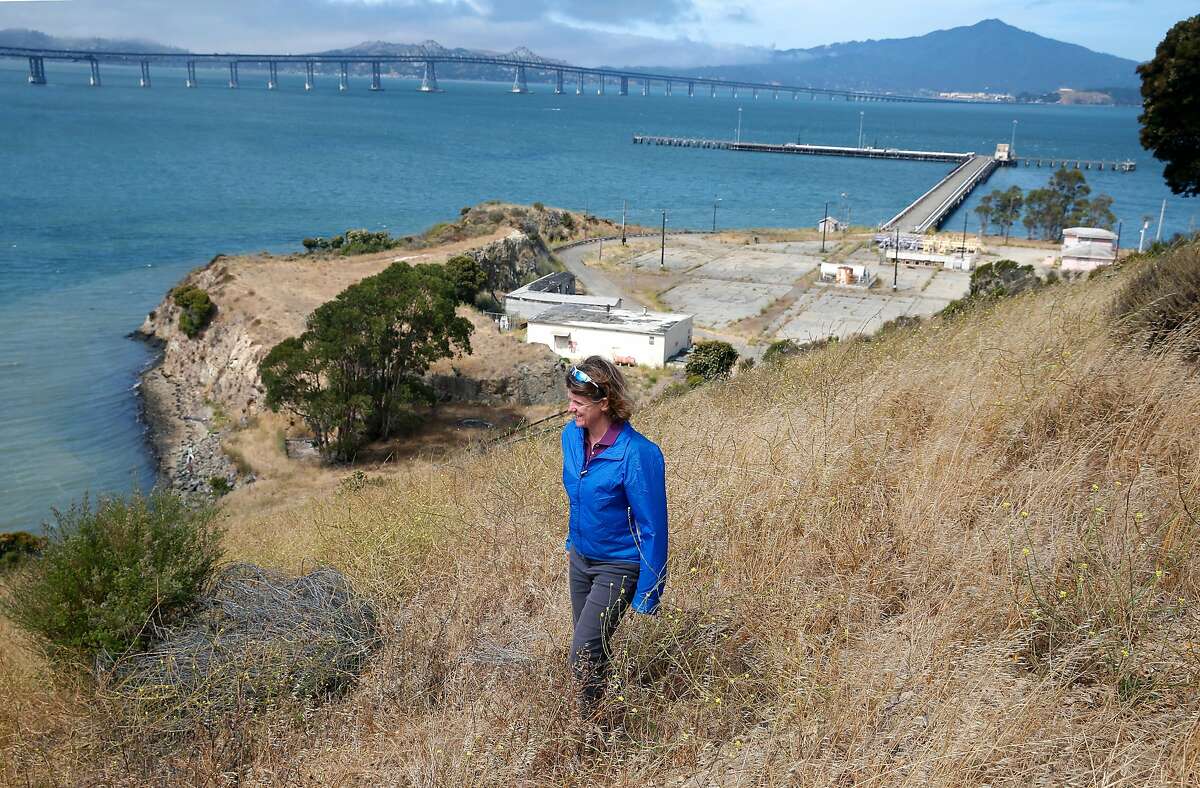 Pam Stello, with the Citizens for a Sustainable Point Molate group, walks on a bluff above Point Molate, where a developer hopes to build residential homes, in Richmond, Calif. on Friday, July 15, 2016. Residents and environmentalists are not happy with a plan by the city's mayor to hand over prime real estate to the developer of a failed casino project at the same location.