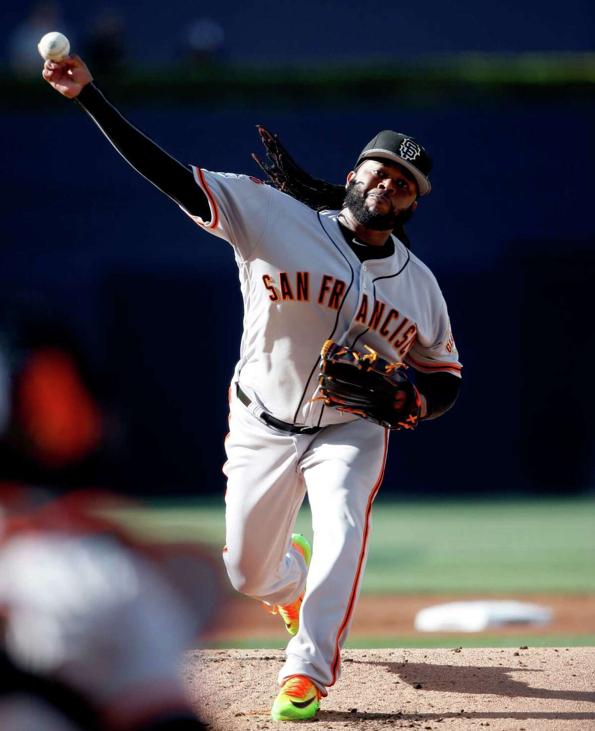 National League's starting pitcher Johnny Cueto, of the San Francisco Giants, throws during the first inning of the MLB baseball All-Star Game, Tuesday, July 12, 2016, in San Diego. (Todd Warshsaw/Pool Photo via AP)