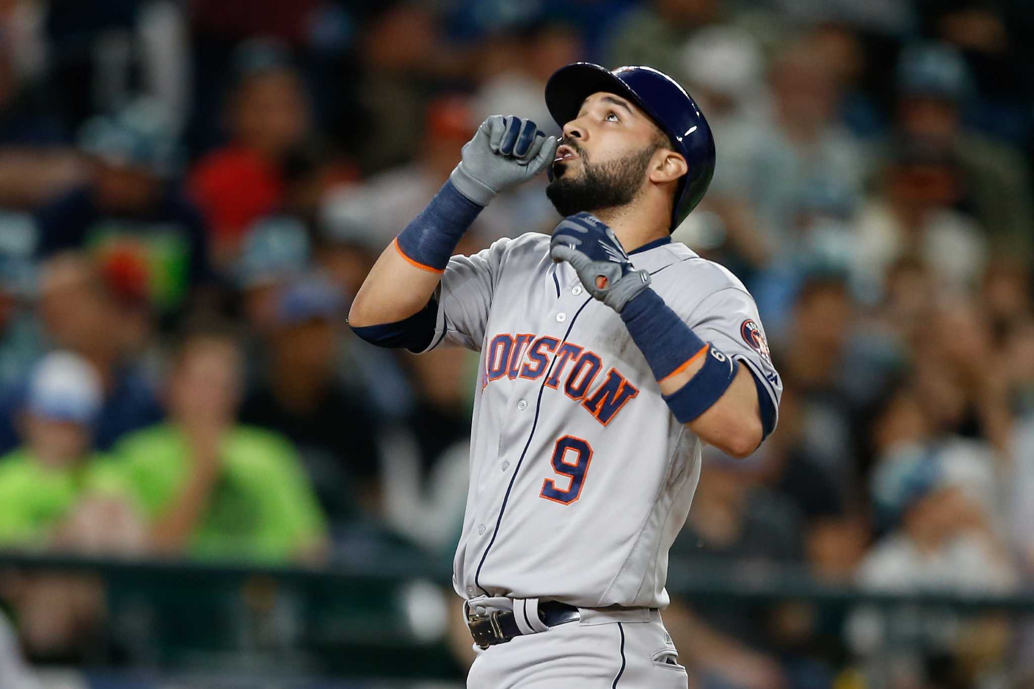 Luis Valbuena of the Houston Astros celebrates a solo home run in the  News Photo - Getty Images