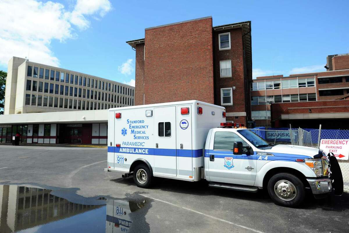 An ambulance waits at Stamford Hospital on Tuesday, July 5, 2016.