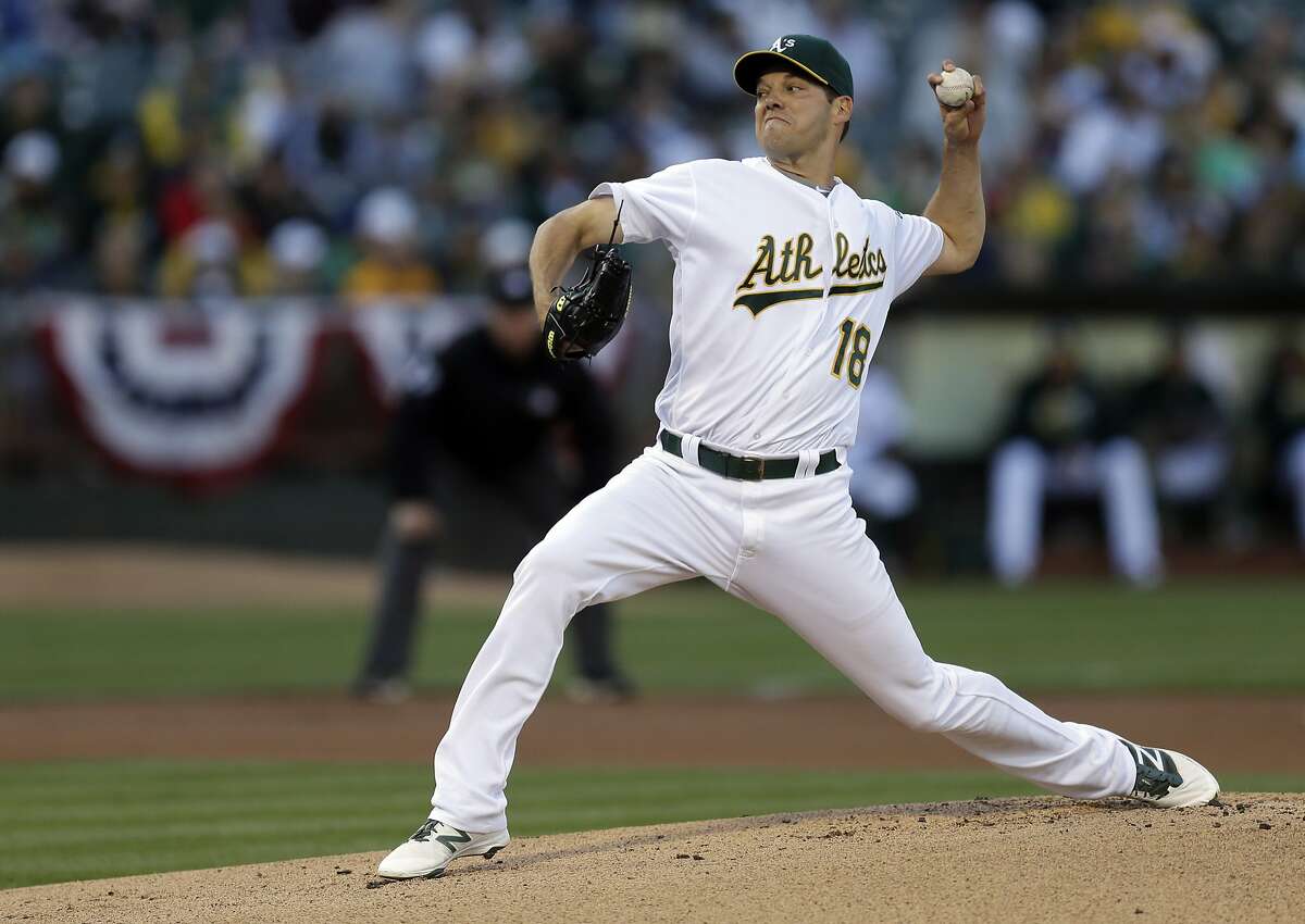 Oakland Athletics pitcher Rich Hill works against the Pittsburgh Pirates in the first inning of a baseball game Saturday, July 2, 2016, in Oakland, Calif. (AP Photo/Ben Margot)
