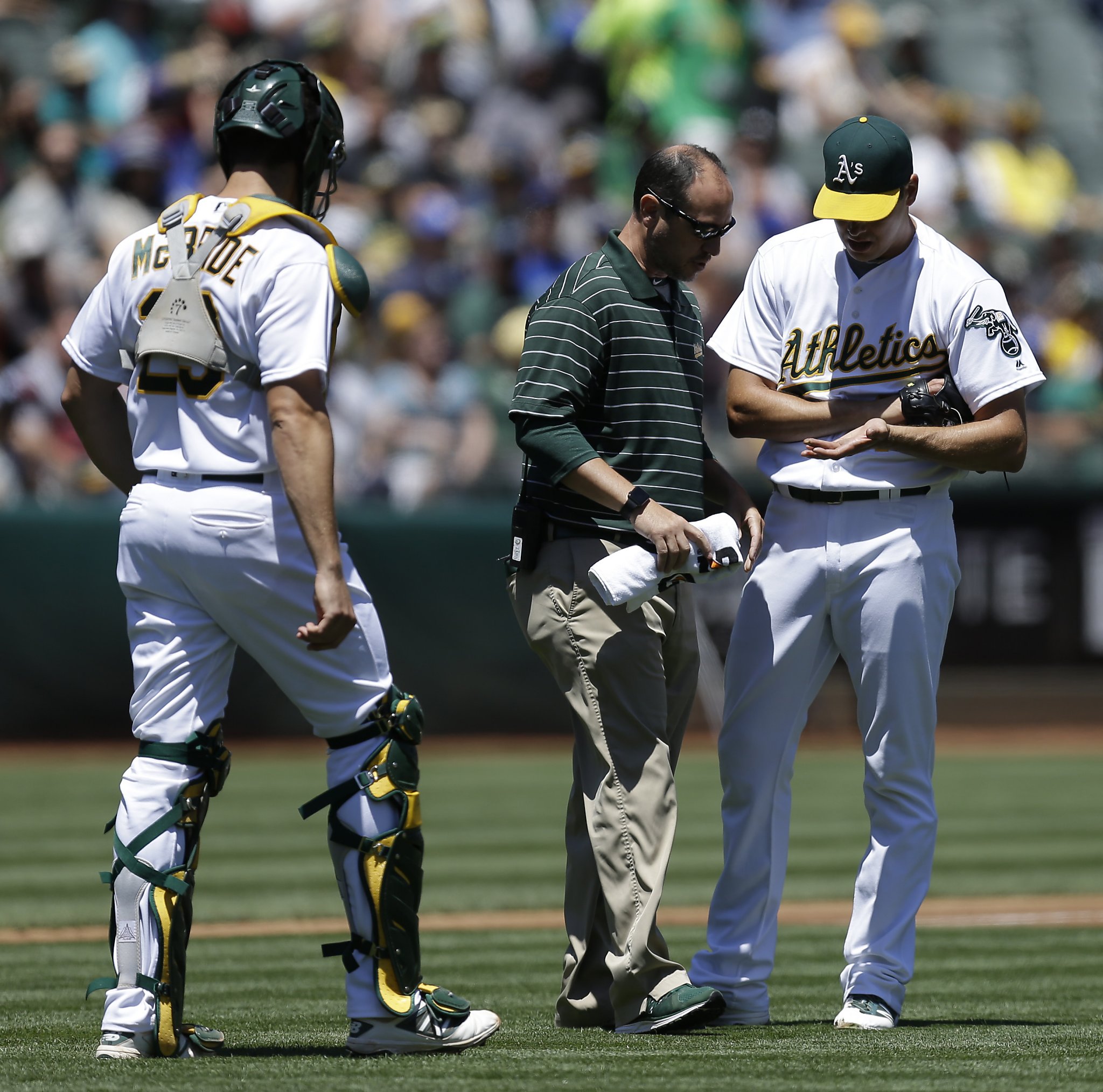A's Rich Hill exits after five pitches, Sean Manaea forced into action