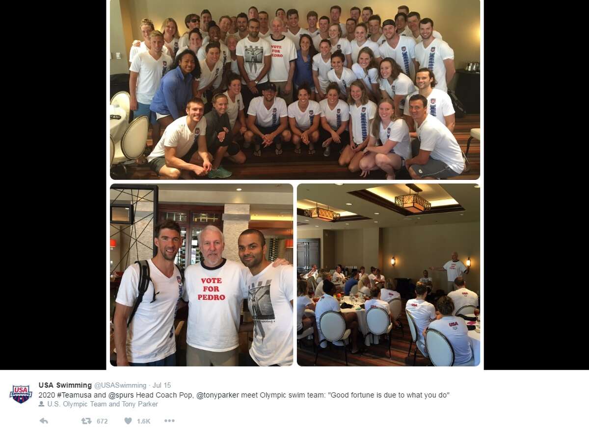Spurs Head Coach Gregg Popovich met with the USA Swimming team on July 15, 2016, wearing a "Vote for Pedro" t-shirt.
