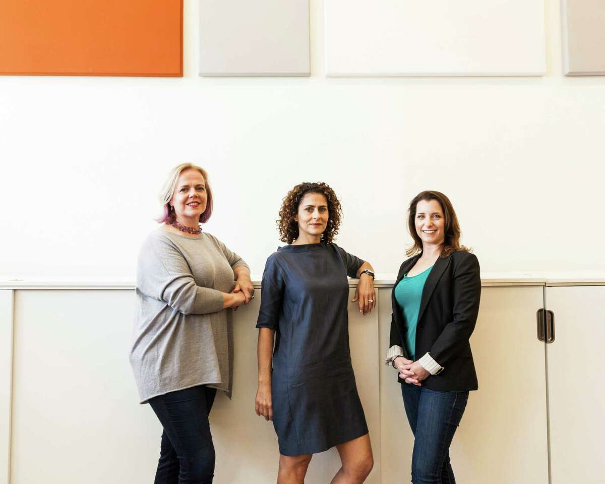 From left: the founders of HopSkipDrive, Janelle McGlothlin, Carolyn Yashari Becher and Joanna McFarland, at the company’s headquarters in Los Angeles, April 11, 2016. (Emily Berl/The New York Times)