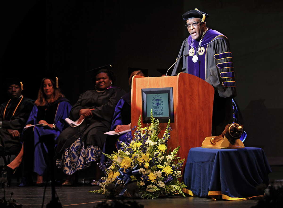 Dr. Robert Jones, University at Albany president, speaks during the Schenectady County Community College commencement ceremonies at Proctors Theatre on Monday, May 19, 2016 in Schenectady, N.Y. (Lori Van Buren / Times Union)