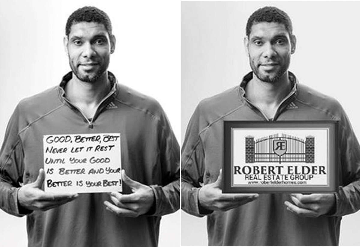 Photographer Sarah Brooke Lyons photographed Tim Duncan for her ?“1005 Faces?” project (left photo), which featured subjects holding a piece of placard inscribed with a short personal message. According to a lawsuit filed by Duncan Friday, his image from that photograph was misappropriated and posted on the Facebook page of Robert Elder Real Estate Group (right photo).