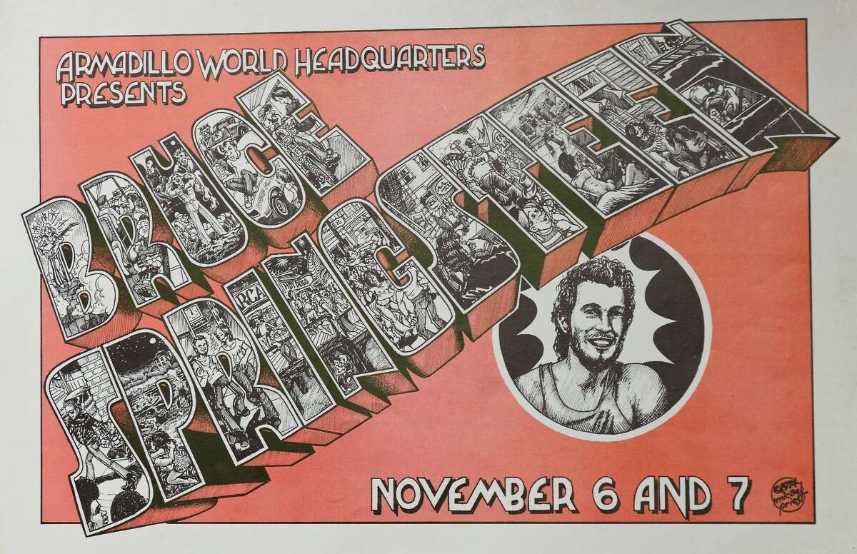 Poster for Bruce Springsteen show at the Armadillo World Headquarters in Austin in 1974. Poster design by Micael Priest from the collection of Tony Davidson