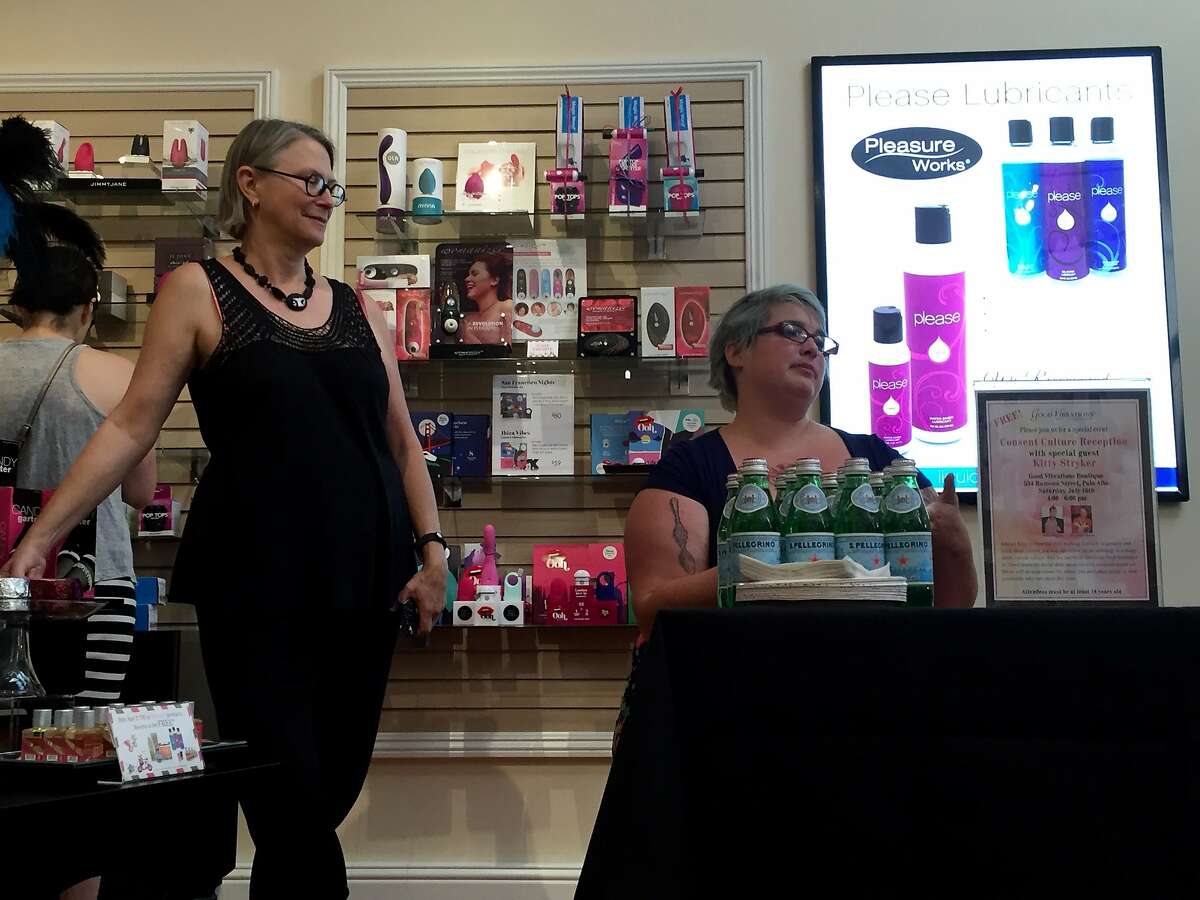 Dr. Carol Queen, left, and kitty Stryker discuss the issue of consent at Good Vibrations in Palo Alto