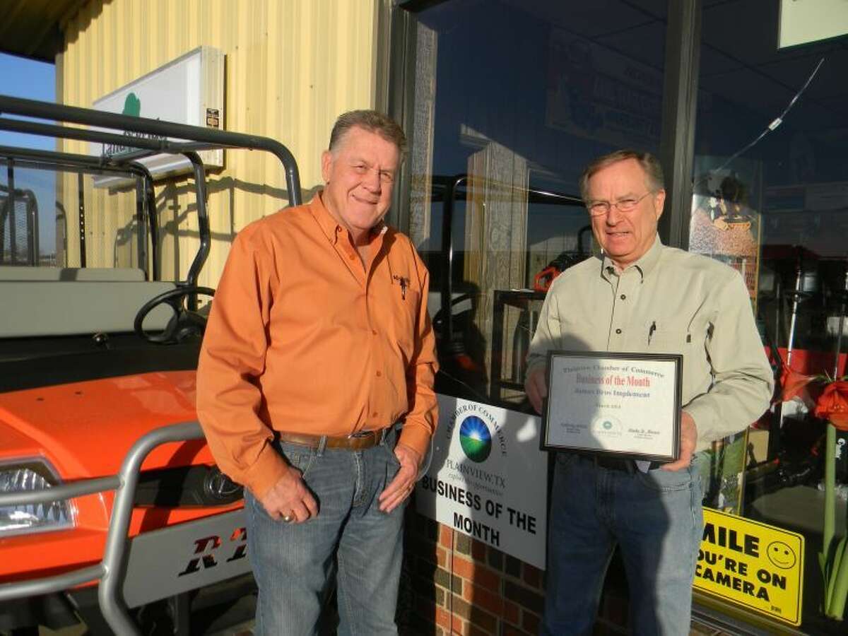 Courtesy PhotoJames Bros. Implement, represented by Jerry James and Ronnie Shannon, is the Chamber of Commerce Business of the Month. The farm implement dealer at 3201 N. I-27 — on the west service road north of Texas Highway 194 — will mark its 50th anniversary in November. It was founded by brothers Jack and Earl James and is still owned by the James family and managed by Jack’s son, Jerry James, and Ronnie Shannon, who is married to Jack’s daughter, Kay. Originally at 2509 W. Fifth, the business moved to its current location in 1980. James Bros. is the local distributor for the full Kubota tractors along with Massey-Ferguson and several other lines. In addition to providing sales, parts and service for farm power and equipment, James Bros. also has a full line of lawn and garden products along with the popular RTV four-wheeler utility vehicles. The family-owned firm serves Plainview and the surrounding regions from its Plainview location, which has 19 employees, as well as from Amarillo, with four employees, and Farwell, with two employees.
