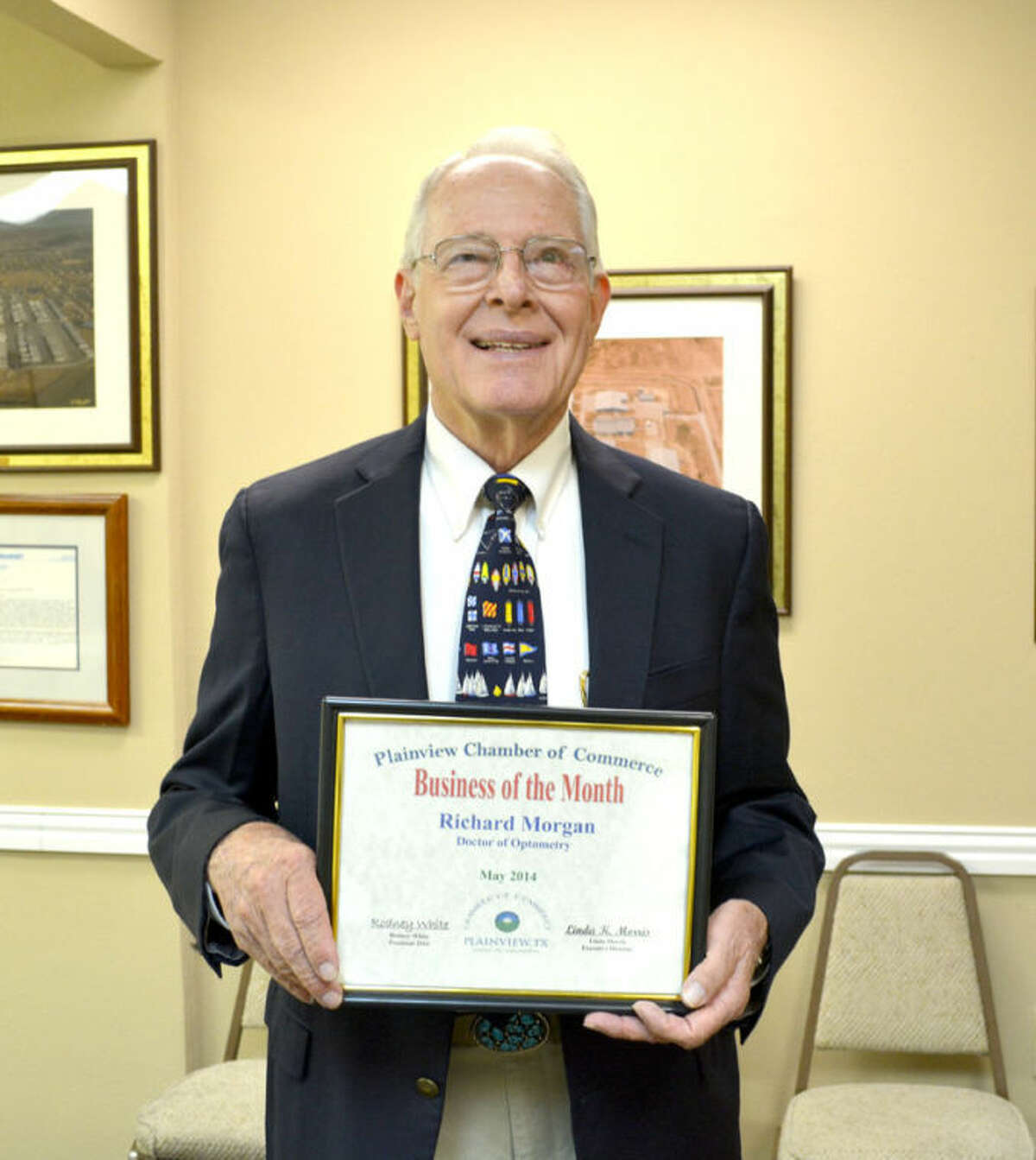 Doug McDonough/Plainview HeraldLocal optometrist Dr. Richard Morgan was recognized Tuesday as the Chamber of Commerce Business of the Month. His office is located at 2201 Edgemere Dr., and Morgan has been in practice here for 53 years. A 1953 graduate of Plainview High School, he finds Plainview to be a great place to live and practice. “We have wonderful patients here in Plainview,” he told Chamber directors. He and his wife, Sharon, have been married since 1960. Morgan has been active in the community over the years, including serving as a member of the Plainview school board.