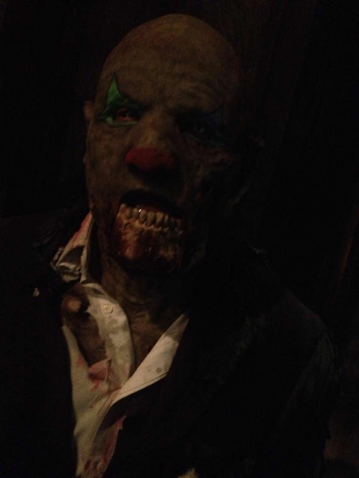 A zombie clown from The Blackness haunted house in Plainview