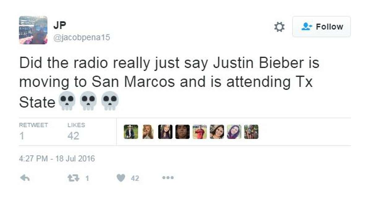 Contrary to a fictitious news site's report, Justin Bieber is not moving to San Marcos. Still, many people who fell for the fake report took to Twitter in fits of excitement and anger.