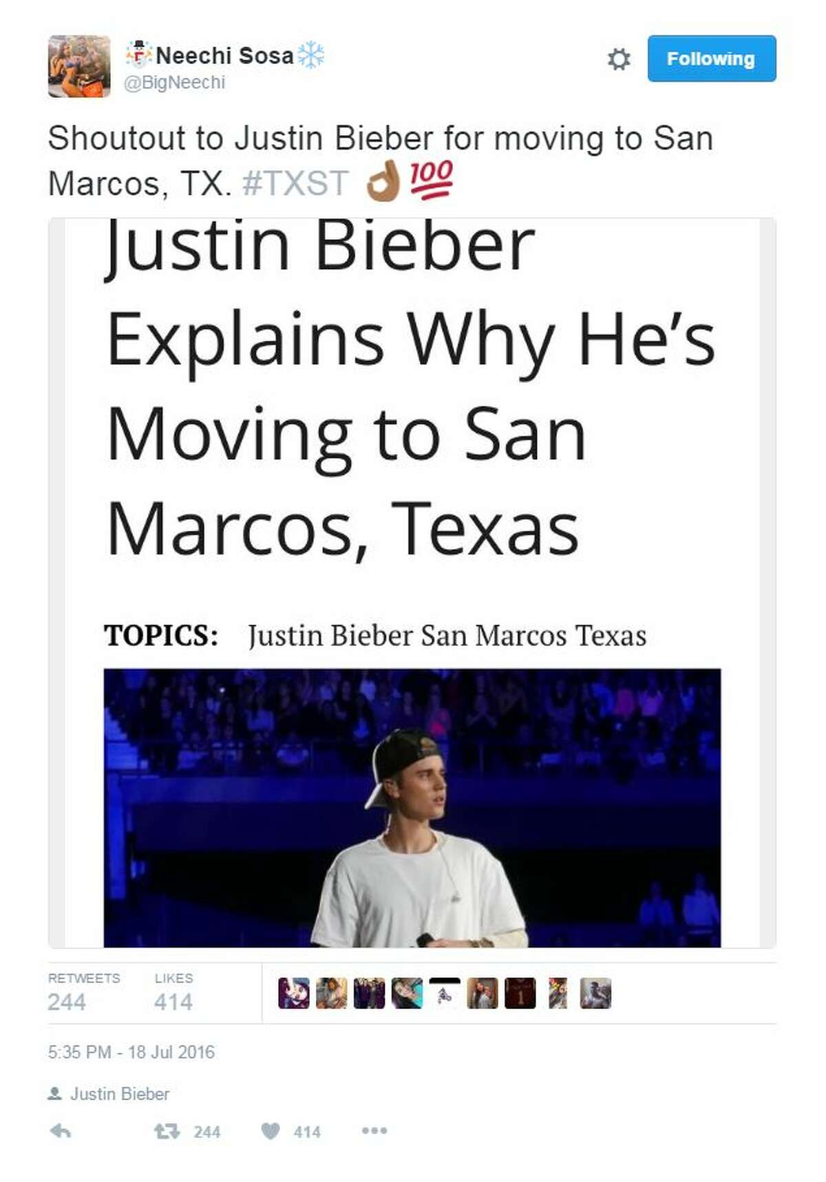 Fake news site reports Justin Bieber moving to San Marcos, many fall for it