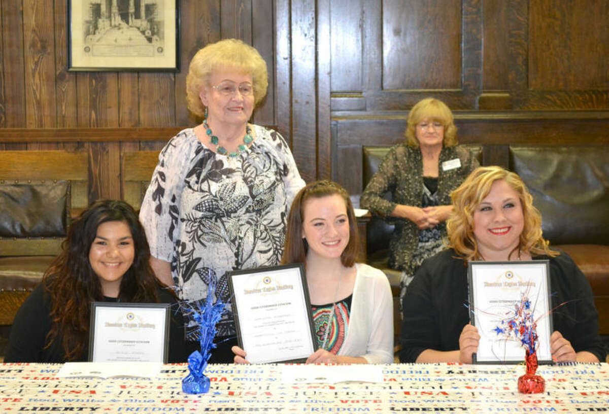 The Ray Blakemore American Legion Post 260 and its American Legion Auxiliary Unit 260 recognized local Girls State and Boys State participants at a banquet Friday at the Plainview Elks Lodge. Theta Vaughan (standing) presented certificates to Jackie Perez (seated left), Meredith McDonough and Kaitlin Lawson who attended Girls State. Also shown is Jerree McKeeman, a member of the Auxiliary.