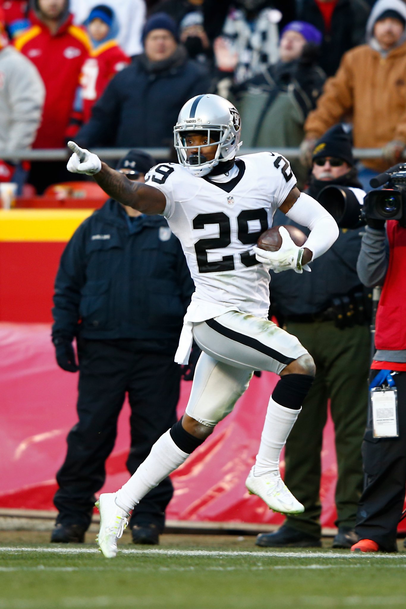 January 3, 2016: Oakland Raiders cornerback David Amerson (29) returns an  interception for a touchdown during the NFL game between the Oakland Raiders  and the Kansas City Chiefs at Arrowhead Stadium in