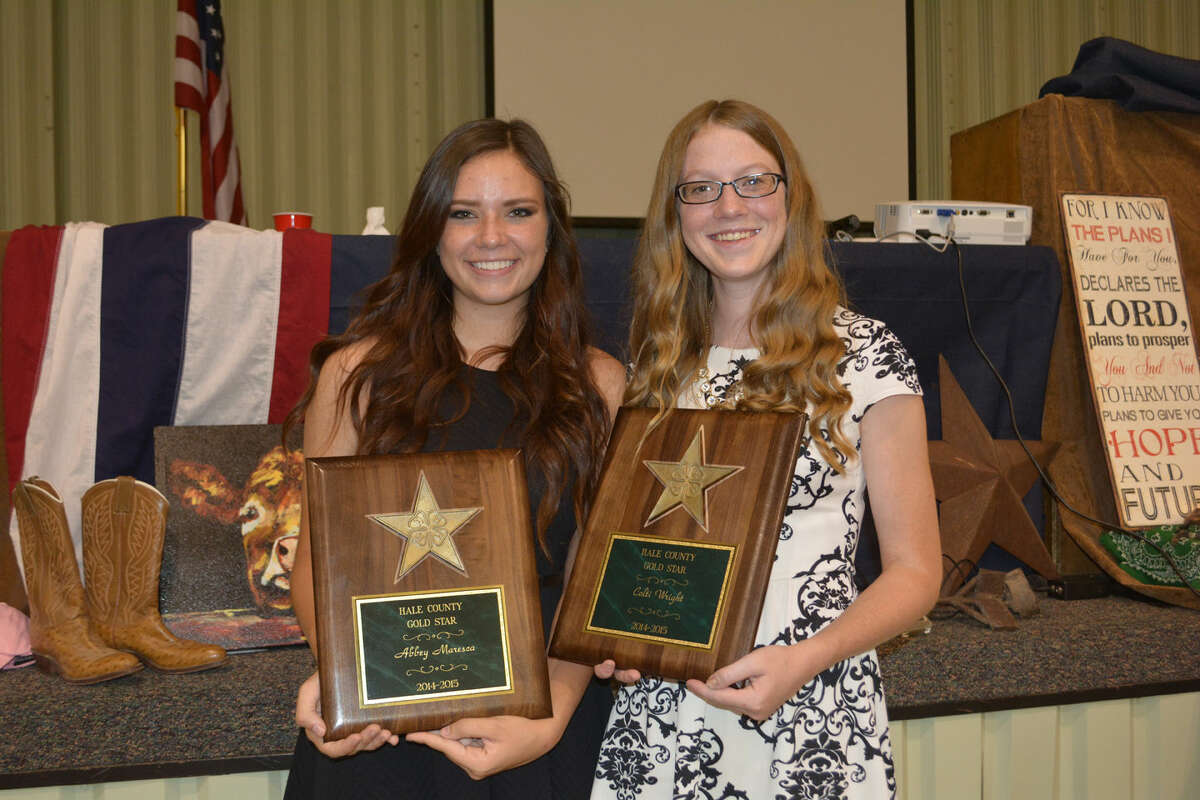 Doug McDonough/Plainview HeraldAbbey Maresca (left) and Colti Wright are this year’s recipients of the Hale County Gold Star awards, the highest honor given to 4-H members. The honor was announced Saturday at the annual Hale County 4-H Achievement Banquet.
