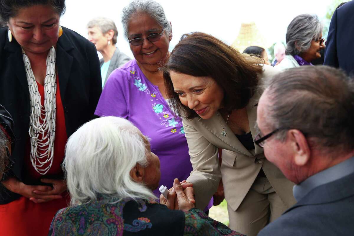 U.S. Senator Maria Cantwell greets Billy Frank Jr.'s older sister Maiselle Bridges, 92, as she arrives at a dedication ceremony for the newly named Billy Frank Jr. Nisqually National Wildlife Refuge and Medicine Creek Treaty National Memorial, July 19, 2016.