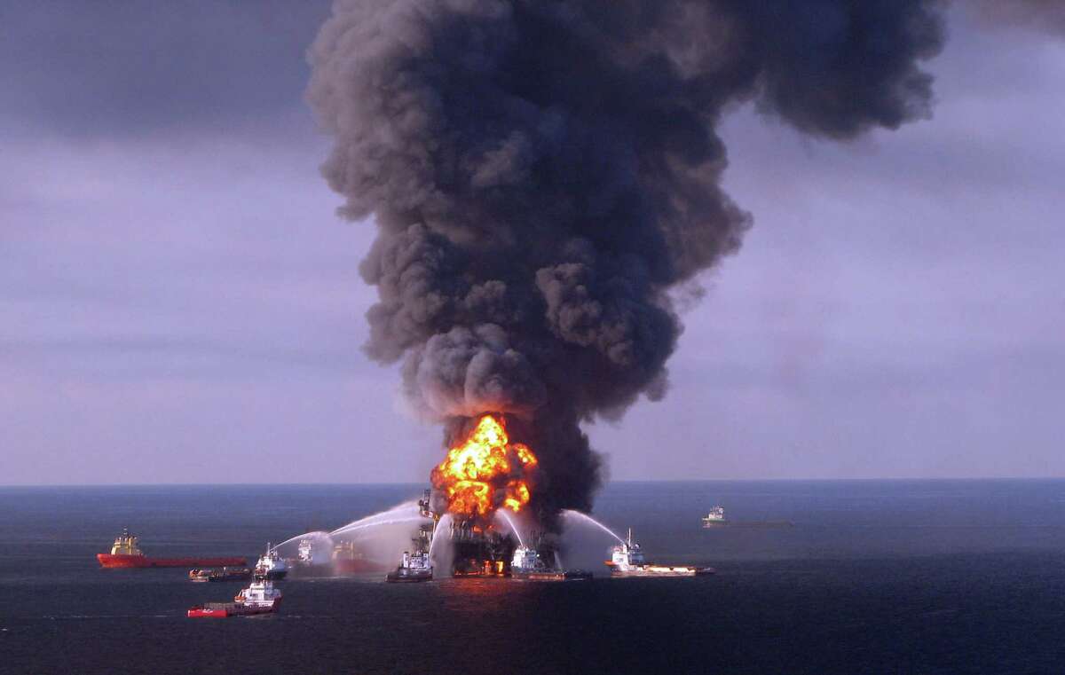Fire boat response crews battle the blazing remnants of the off shore oil rig Deepwater Horizon on April 21, 2010. 