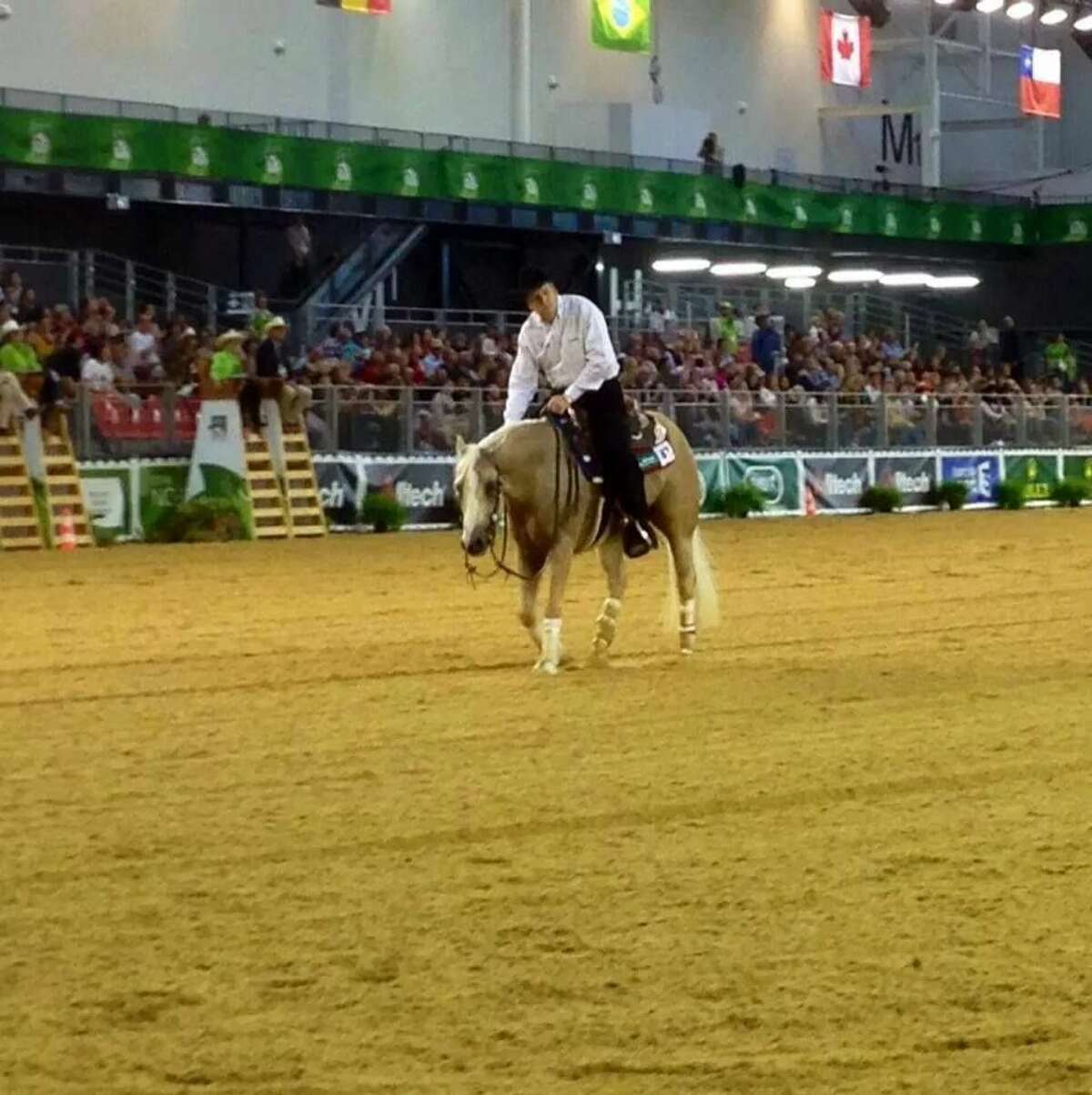 Two-time gold medalist Tom McCutcheon rides Dun Git A Nicadual in the World Equestrian Games in Normandy, France. The horse is owned by Jennifer and Jaci Marley of Plainview.