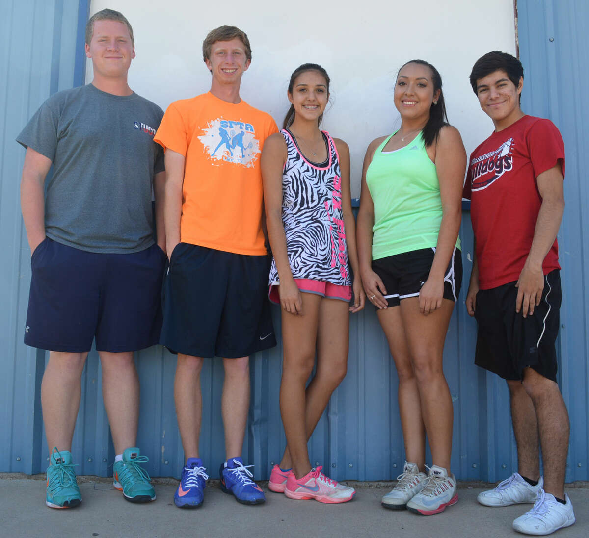 Senior tennis players, from left, Jeremy Bowen, Travis Reid, Kayla Campos, Giselle Medina and Roman Perez will lead the Plainview netters into the playoffs for the second consecutive season. The Bulldogs will take on Randall in the area round at 9 a.m. Wednesday in Lubbock.