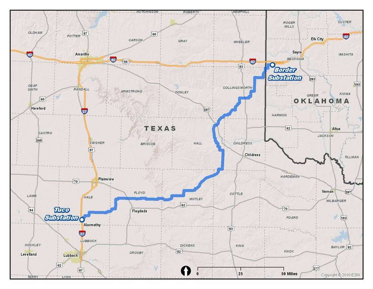 This map shows the route of the newly competed TUCO-Woodward electrical transmission line.