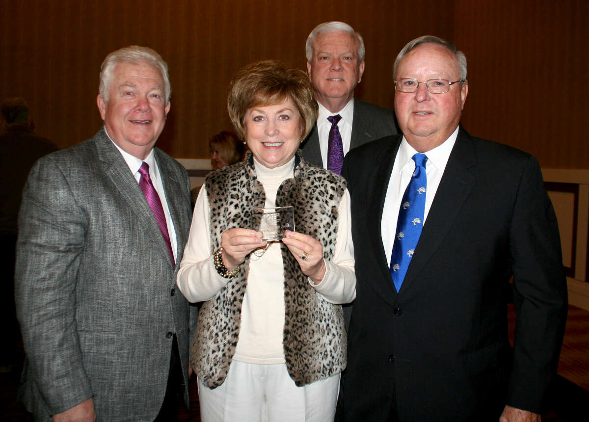 Teresa Young/Wayland Baptist UniversityDr. Paul Armes, (back), Wayland president, and Mike Melcher, executive director of advancement, flank donors Bruce and Jolene Julian of Perryton (front right) who were honored with the Spirit of Philanthropy Award at Thursday’s luncheon.