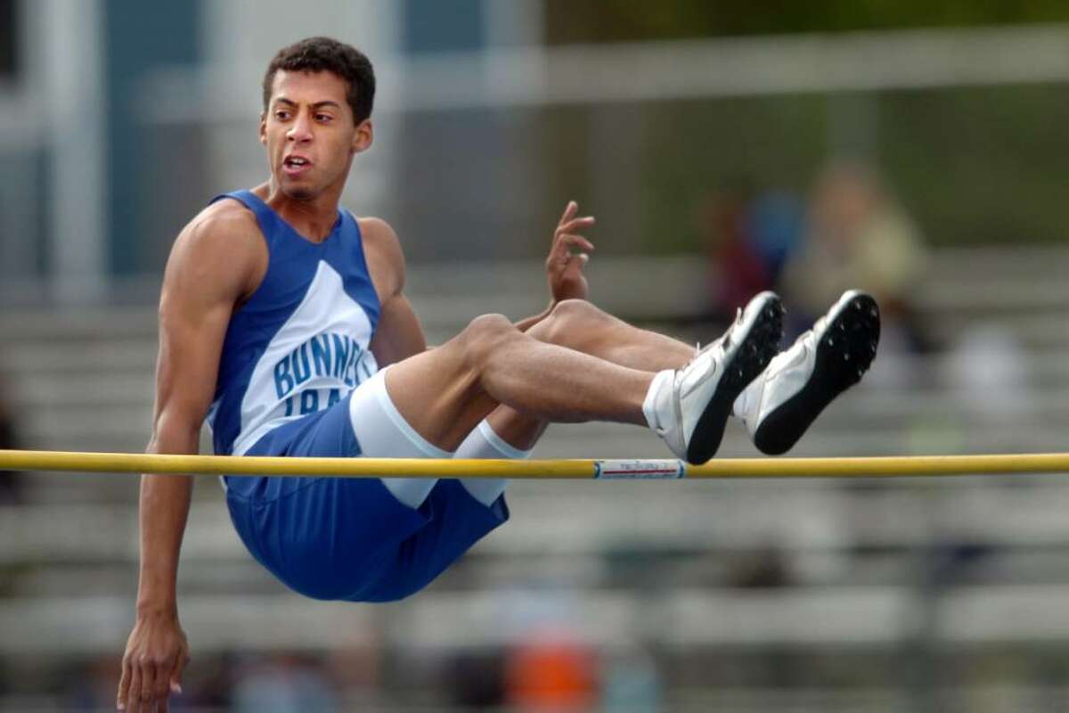 Bunnell's Jordan Dudley clears 5 feet 10 inches in the high jump during the boys track meet Tuesday Apr. 27, 2010 against Oxford, Joel Barlow and New Milford.