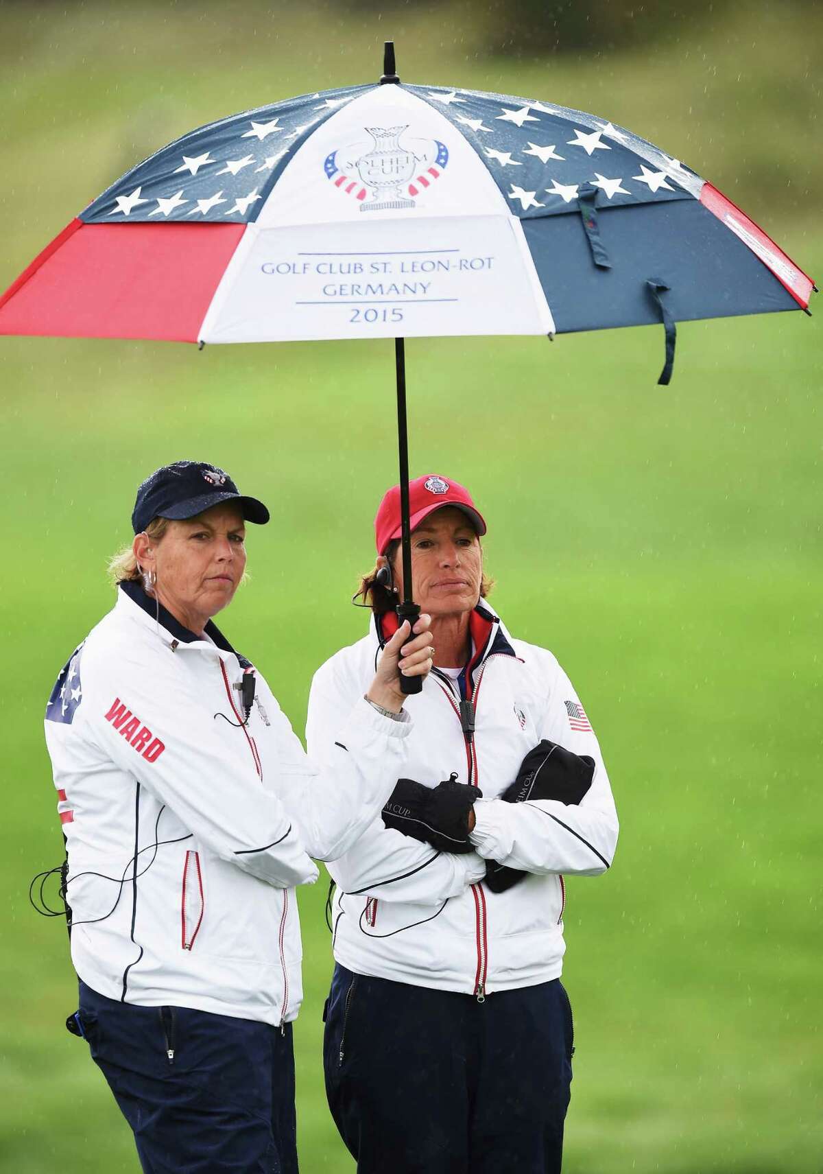 Team USA captain Juli Inkster looks on with Wendy Ward during practice prior to the start of the Solheim Cup at St Leon-Rot Golf Club on September 16, 2015 in St. Leon-Rot, Germany.