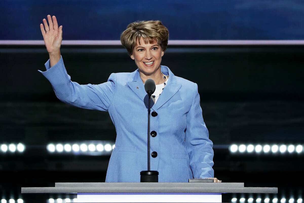 CLEVELAND, OH - JULY 20: Retired Col. Eileen Collins, former NASA Astronaut, waves to the crowd prior to delivering a speech on the third day of the Republican National Convention on July 20, 2016 at the Quicken Loans Arena in Cleveland, Ohio.
