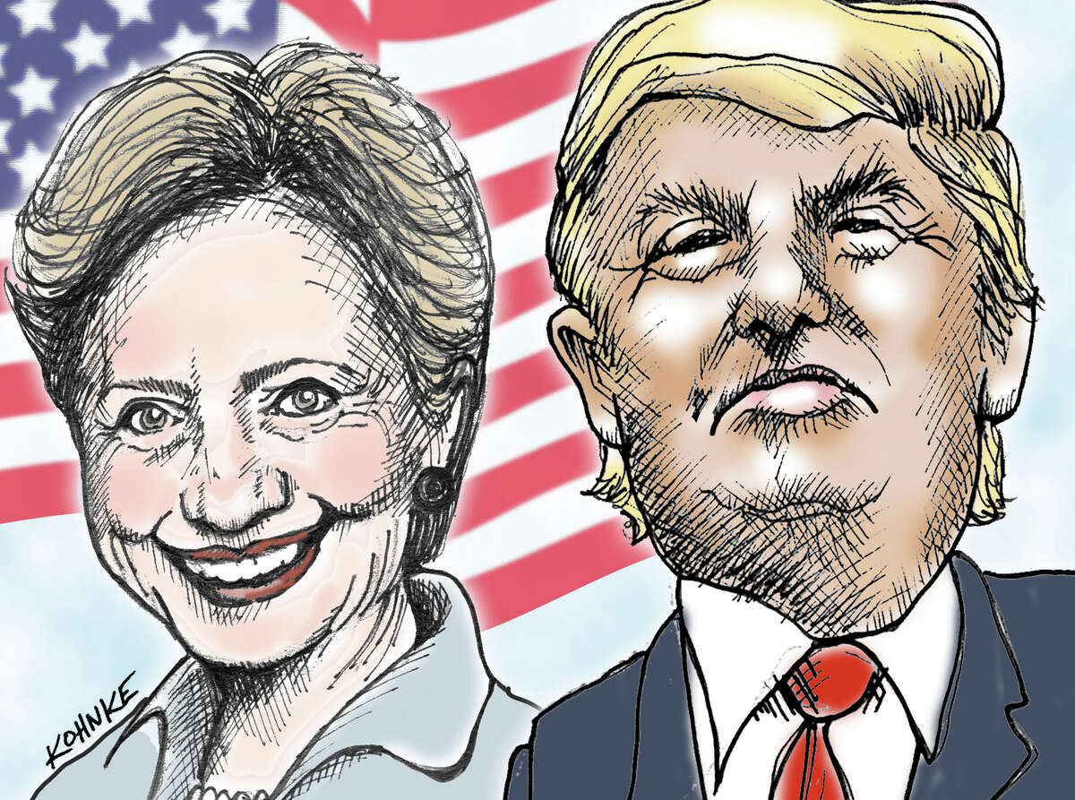 This artwork by Jennifer Kohnke refers to Hillary Clinton and Donald Trump facing off in the 2016 presidential election.