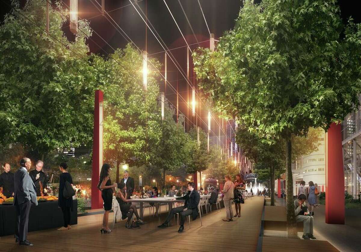 An architect's rendering of Avenida, the restaurant-filled walkable plaza under construction at the George R. Brown.