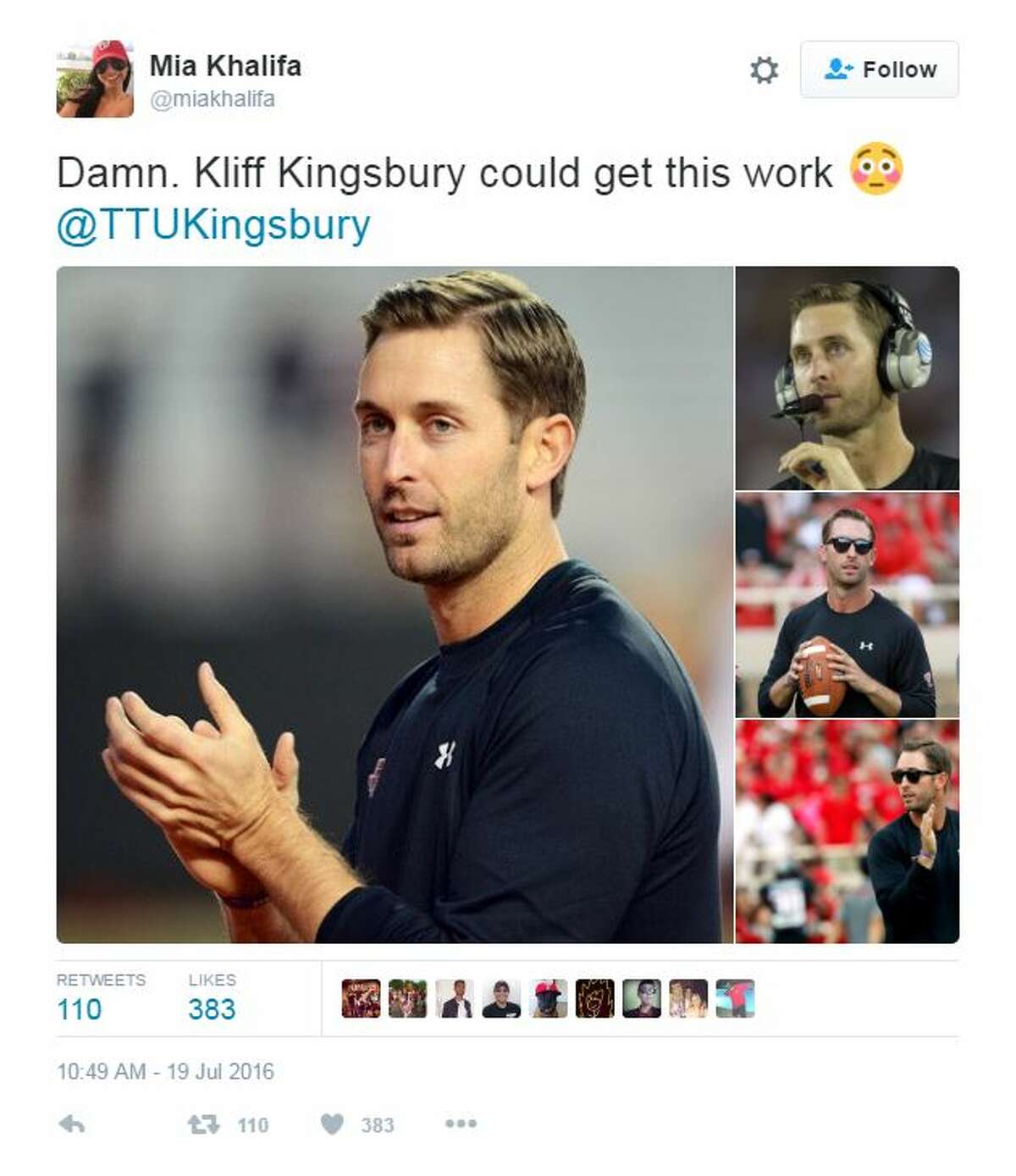 1200px x 1389px - Porn star Mia Khalifa has the hots for Texas Tech football coach Kliff  Kingsbury