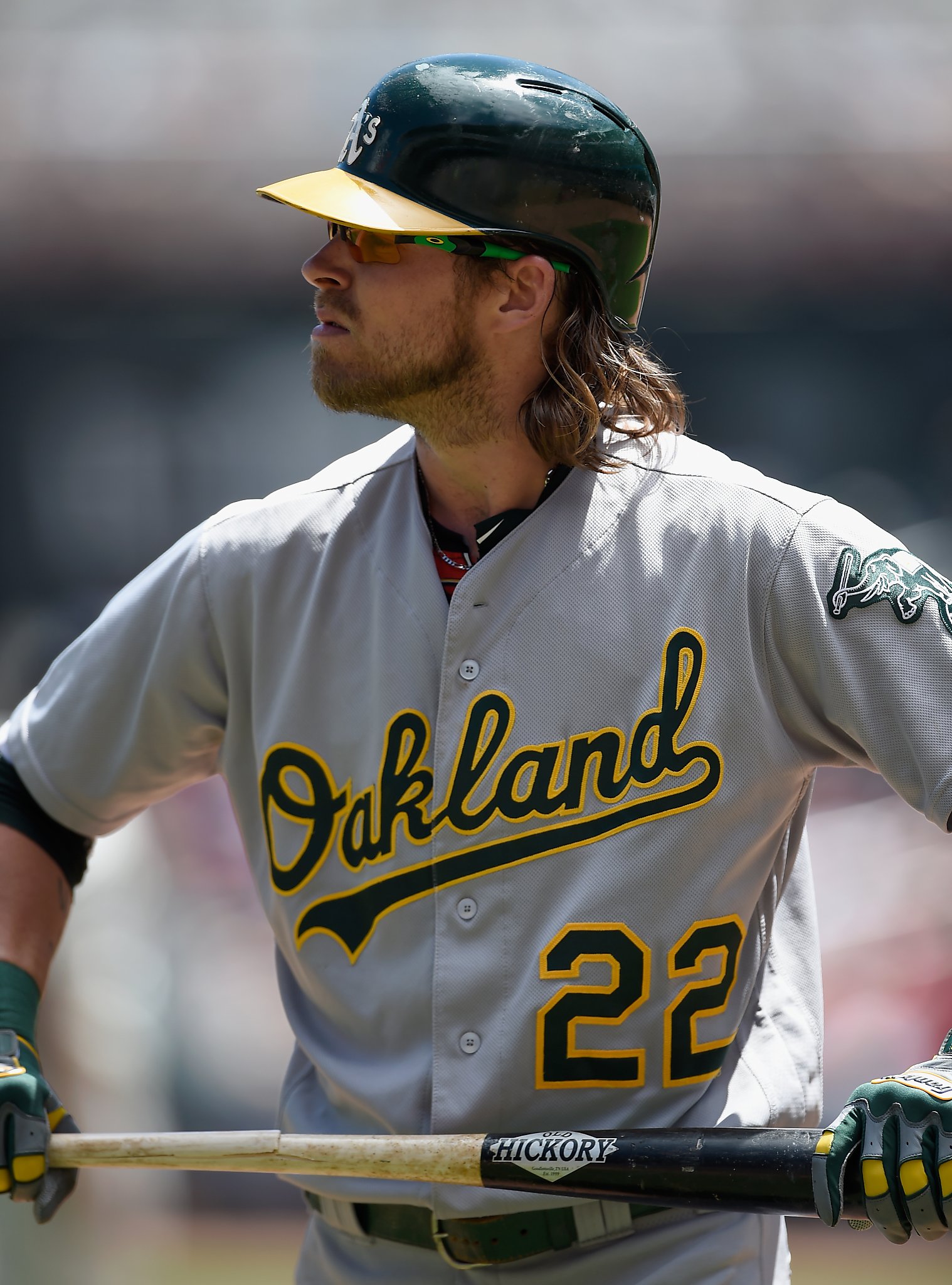 Oakland Athletics' Josh Reddick reacts after grounding out to