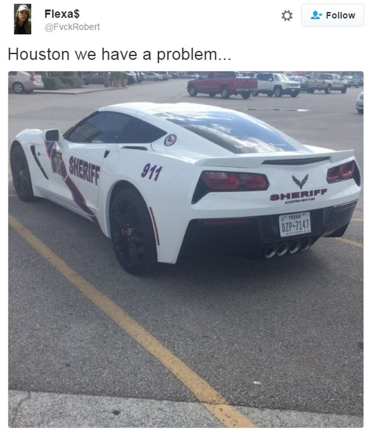 A Corvette with a Montgomery County Sheriff's Office decal on it has been spotted in late July, 2016. Lt. Brady Fitzgerald with the Sheriff's Office said the car belongs to a dealership in Montgomery County and is being used in an expo show in Dallas on July 23 and 24, 2016. It isn't owned by the Sheriff's Office. Twitter via @FvckRobert
