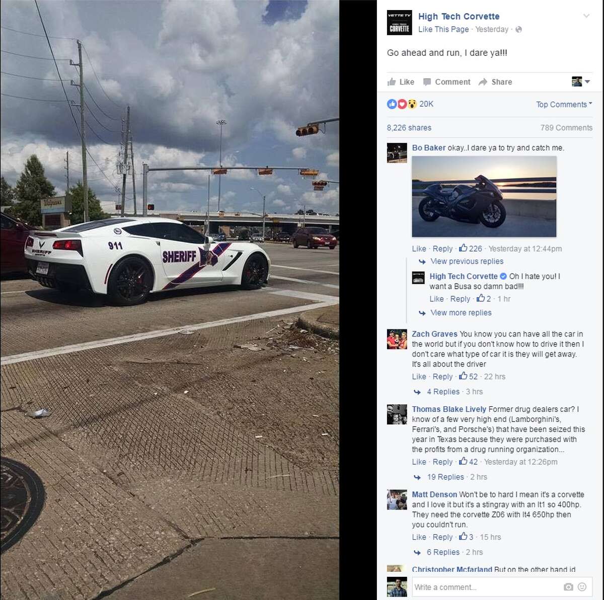 A Corvette with a Montgomery County Sheriff's Office decal on it has been spotted in late July, 2016. Lt. Brady Fitzgerald with the Sheriff's Office said the car belongs to a dealership in Montgomery County and is being used in an expo show in Dallas July 23 and 24, 2016. It isn't owned by the Sheriff's Office. From High Tech Corvette