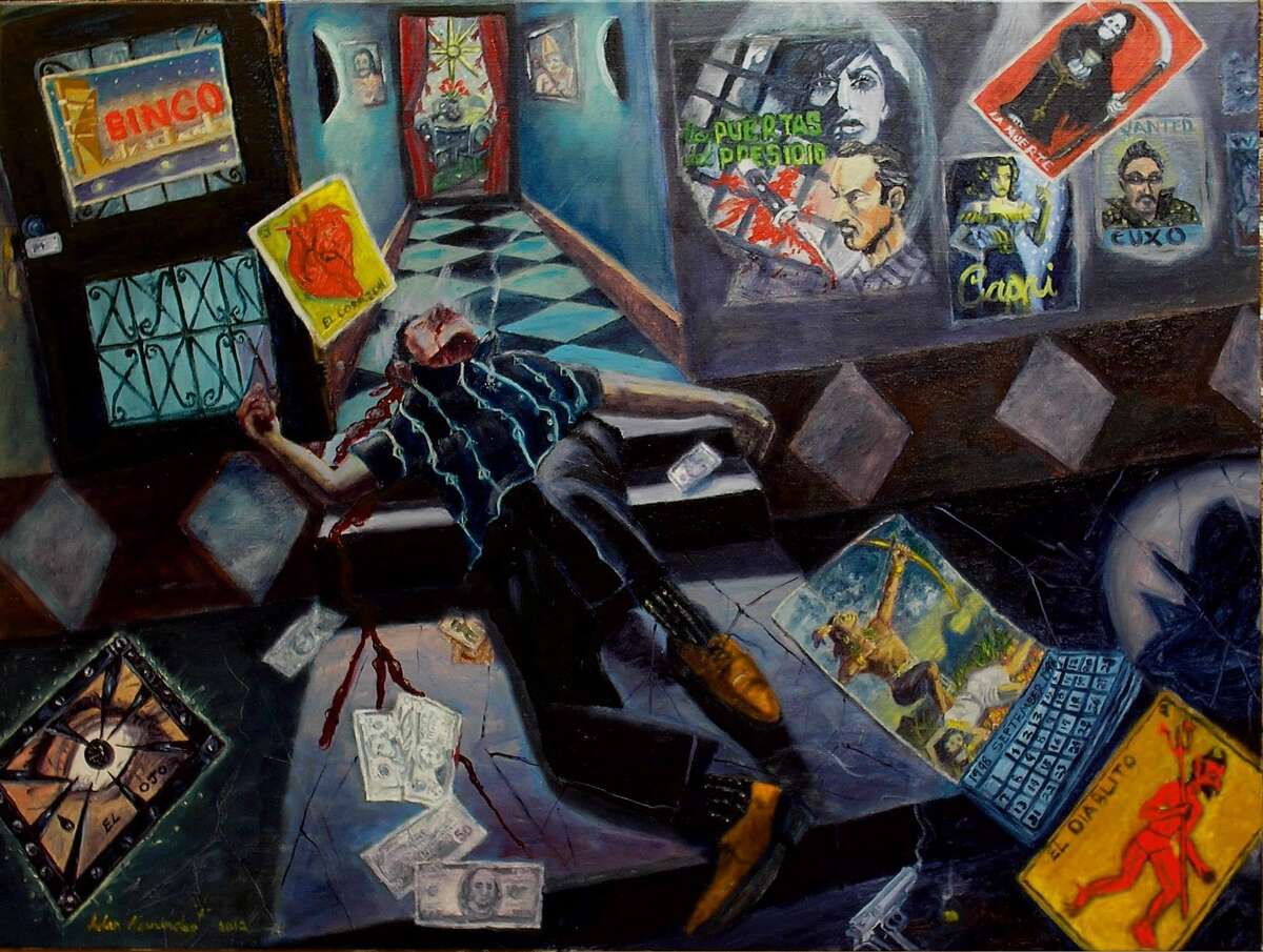 The Bingo King Murder, oil, in the collection of Gustavo Valadez and Larry Dahl in San Antonio. By Adan Hernandez.