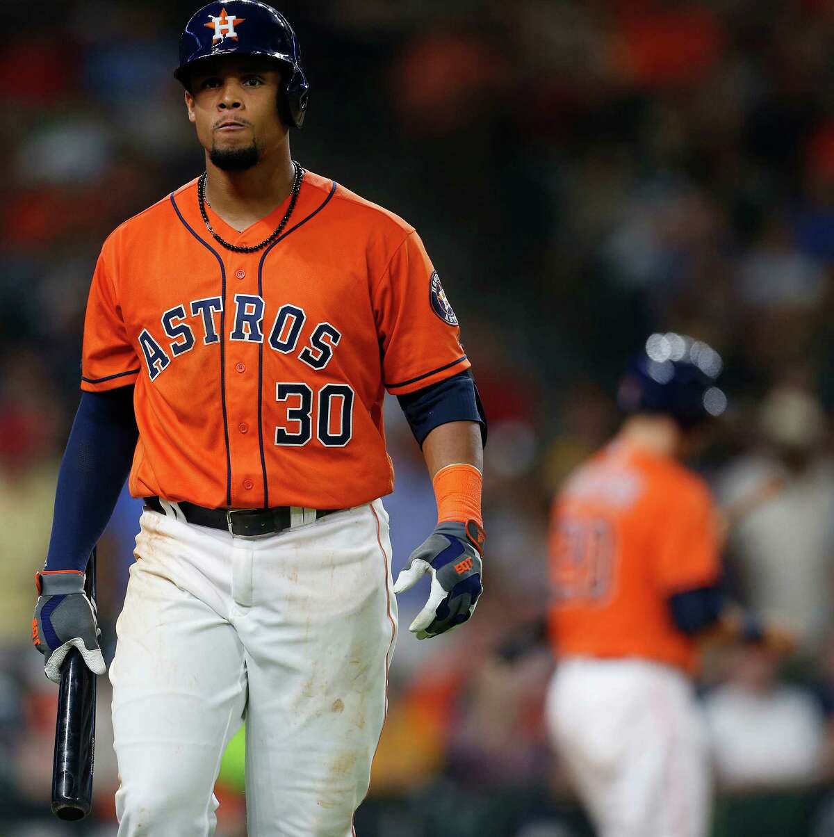 NO. 4 WORST: Carlos Gomez/Mike Fiers, 2015 A day before the July 31 trade deadline, the Astros got Gomez and Fiers from the Brewers for a quartet of minor leaguers: outfielders Domingo Santana and Brett Phillips and pitchers Josh Hader and Adrian Houser. Gomez (pictured), the centerpiece of the deal, was a massive disappointment as an Astro and was released a little more than a year later. Fiers has had his ups and downs - but did throw the first no-hitter at Minute Maid Park in 2015 and has pitched better of late after a rocky start this season.  Of the players the Astros gave up, all but Houser are in Milwaukee, with Santana putting up good numbers for the Brewers, who were among MLB's first-half surprises this season.