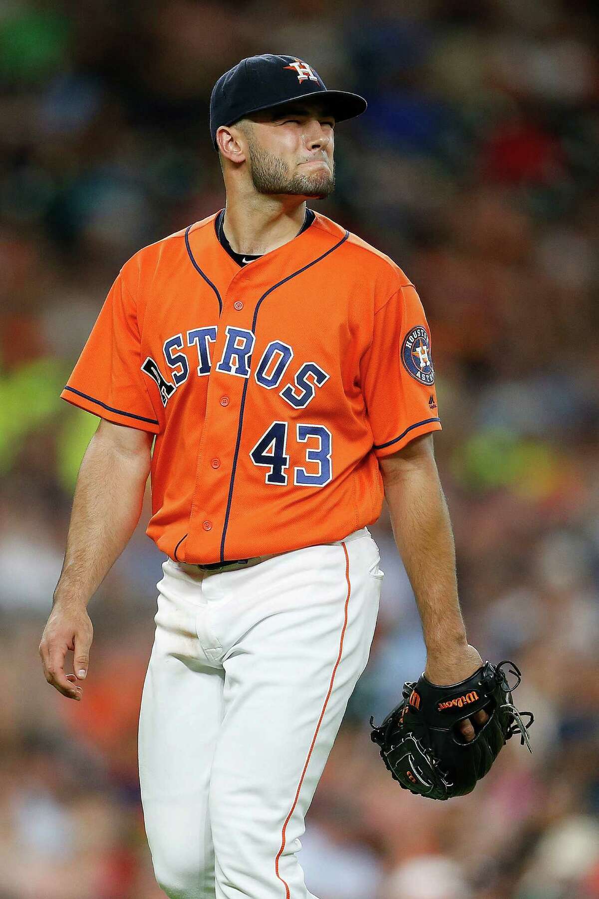 Houston Astros starting pitcher Lance McCullers (43) reacts after striking out Los Angeles Angels Mike Trout to end the third inning of an MLB baseball game at Minute Maid Park, Friday, July 22, 2016, in Houston.