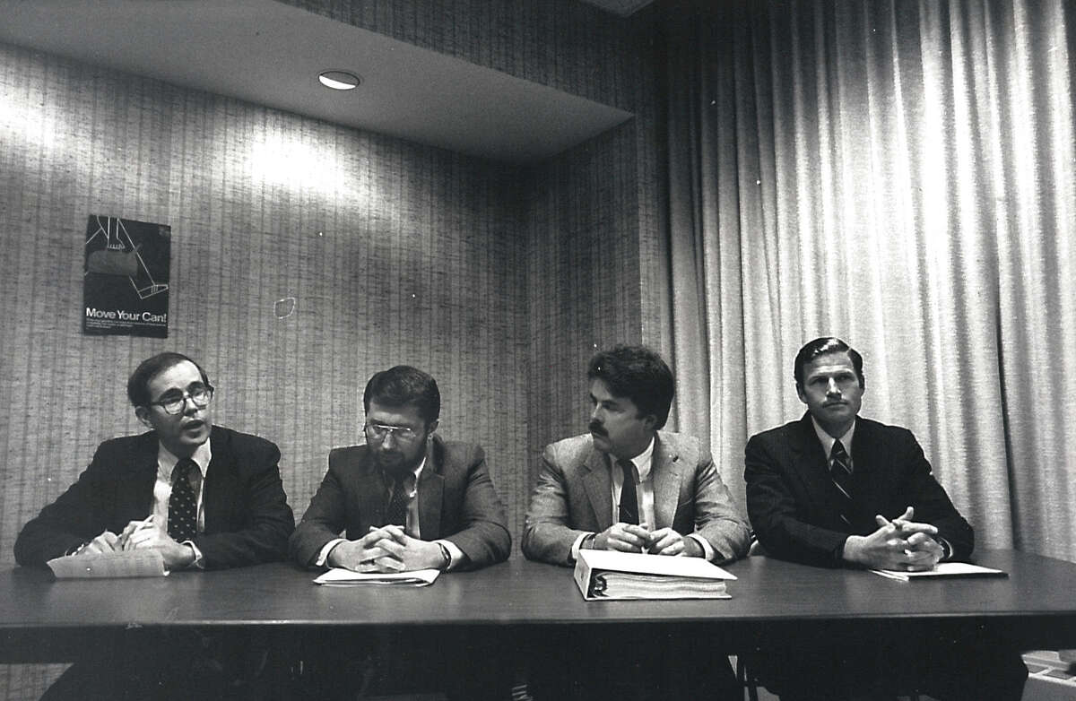 Connecticut General Assembly candidates in the 145th and 148th districts attend a debate on Oct. 18, 1984. From left, 145th District candidate Richard Cunningham, state Rep. Paul Esposito, D-148, Johan Anderson, challenger in the 145th district, and state Rep. Richard Blumenthal, D-148.