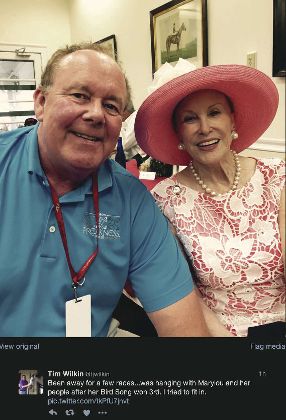 Marylou Whitney with Times Union handicapper Tim Wilkin at Saratoga Race Course on Sunday, July 24, 2016.