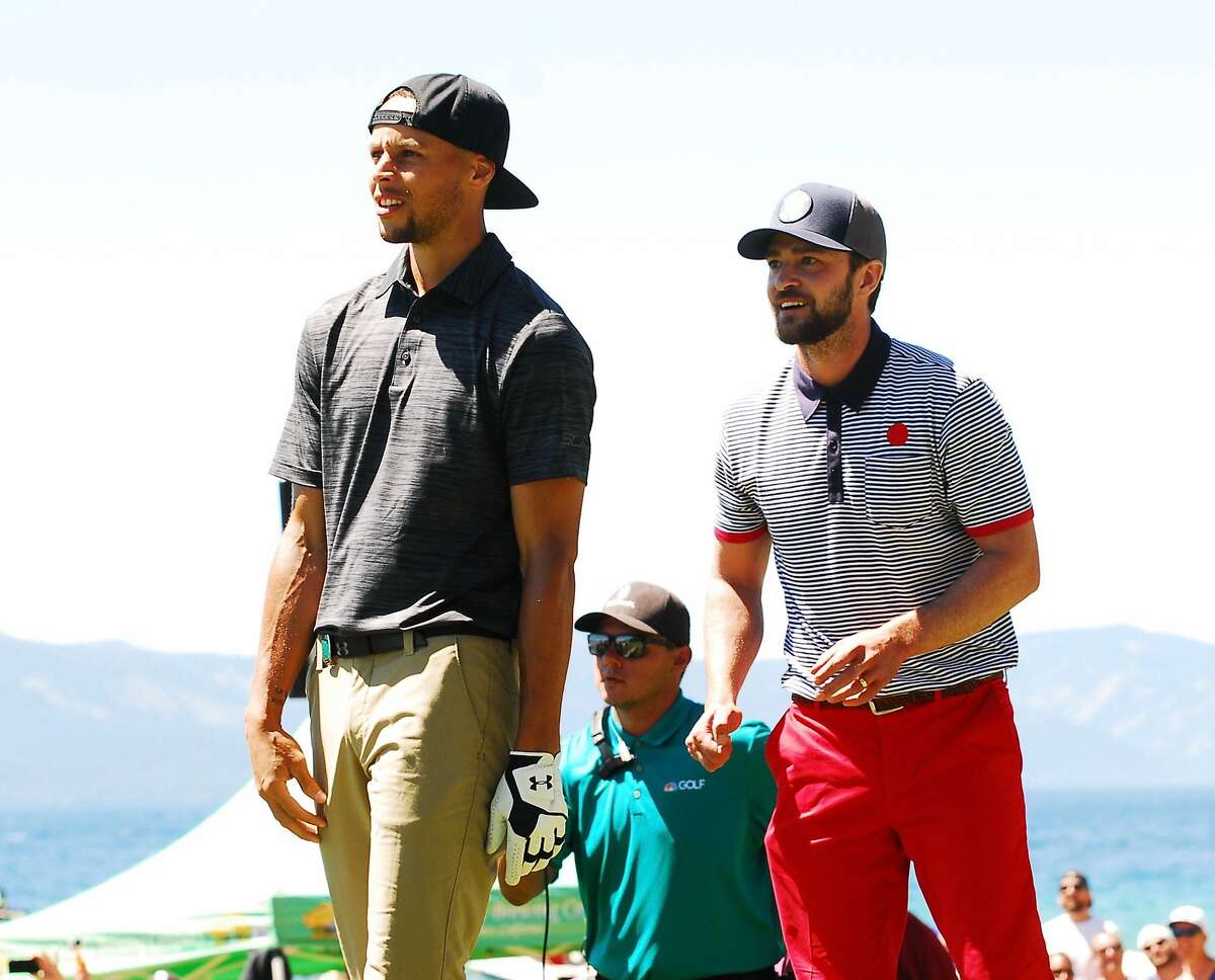 Stephen Curry, Justin Timberlake and Alfonso Ribeiro played golf in front of �big crowds at the American Century Championship at Edgewood Tahoe Golf course in Stateline, Nev., on July 23. The trip played a lot of golf and found time to ham it up, too, especially on the tournament's raucous 17th hole, which runs alongside Lake Tahoe.