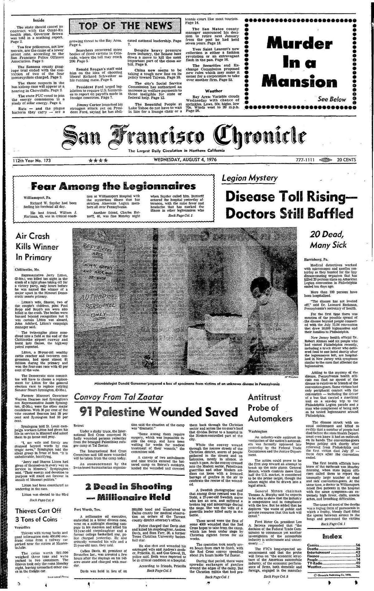 Historic Chronicle Front Page August 04, 1976 Legionaires Disease outbreak in Pennsylvania hotel Chron365, Chroncover