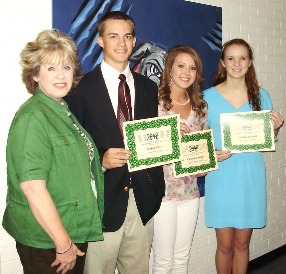 Courtesy PhotoThree Plainview High School graduating seniors were awarded College Hill PTA scholarships at the end-of-the-year PTA program Thursday night. Principal Linda Watson (left) presented scholarships to Kalen Riley, Channing Snipes and Natalie Tunnell, all former College Hill students.