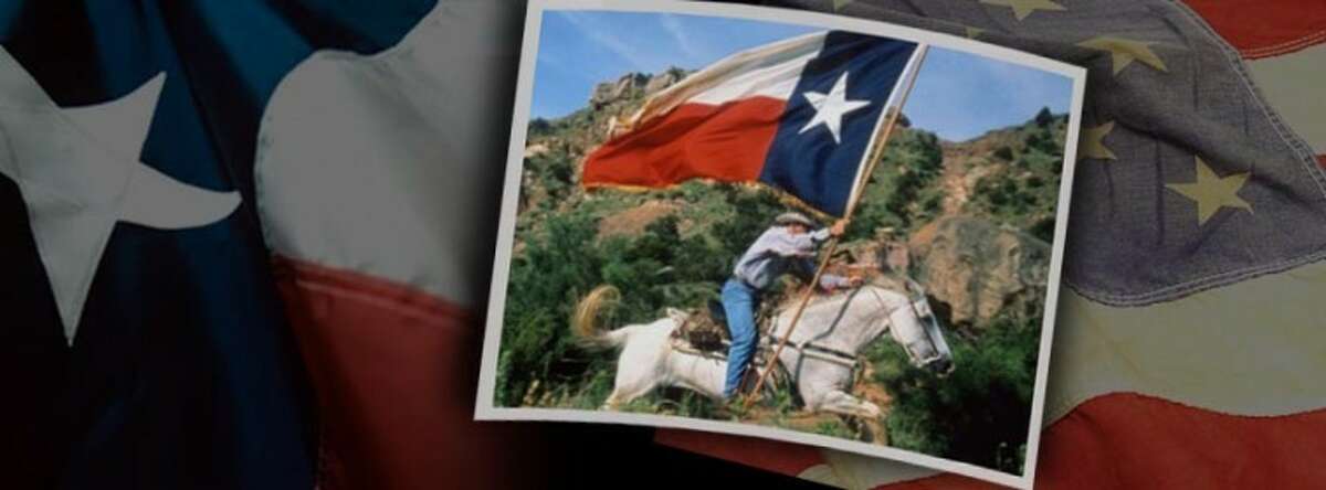 Courtesy Photo A photo of a cowboy racing across the rim of Palo Duro Canyon holding a Texas flag and resting on a faded United States flag reflects the patriotic emphasis of this summer’s production of “TEXAS” musical drama.