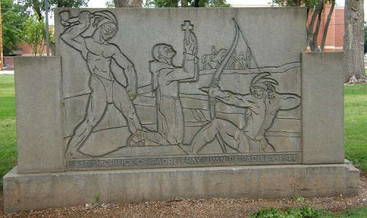 Barclay Gibson/Texas EscapesA 1936 monument in Amarillo’s Elmwood Park recognizes the martyrdom of Father Fray Juan de Padillo who performed a Thanksgiving Mass in Palo Duro Canyon in 1541 while traveling with Francisco Vasquez de Coronado.