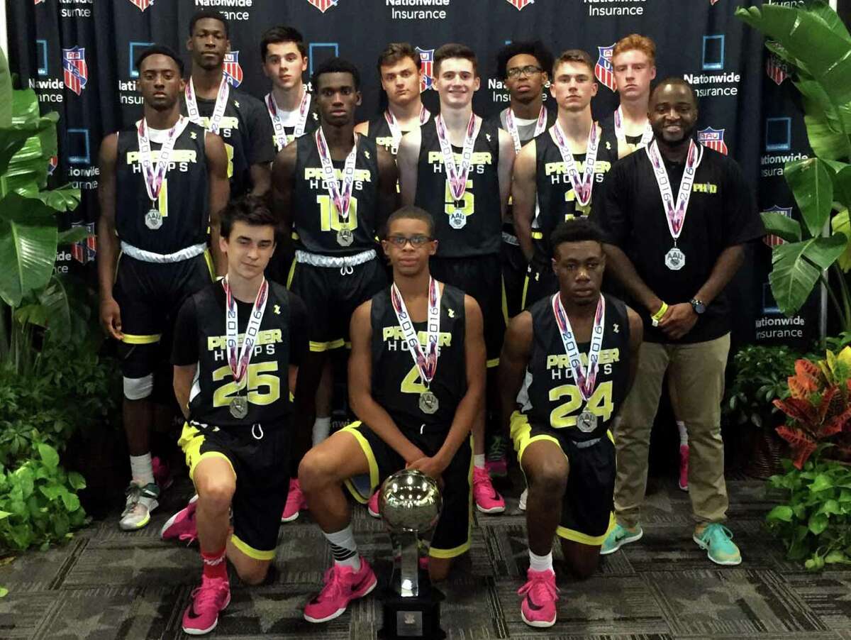 The Fairfield-based Premier Hoops Development 16U travel basketball team placed second in the recent AAU Division 2 national championship in Orlando, Fla. Premier Hoops beat the defending champions Atticus Wolfpack (Ky,) 65-55 in the Elite 8 and the North Carolina Blazers 61-43 in the semifinals before losing to Central Florida Elite 50-47 in the championship game. Players are from Bridgeport, Fairfield and Monroe. Front row, from left, Francisco Guillen, Charles Clemons IV and Qualon Wilkes; middle row, from left, TJ Pettway, Woodley Monnexant, Sean Conway, Chris Hulbert and coach Orlando Daniel; back row, from left, Jaelin Gallimore, Greg Lawrence, Malcolm Brune, Nore Davis and Will Santee.