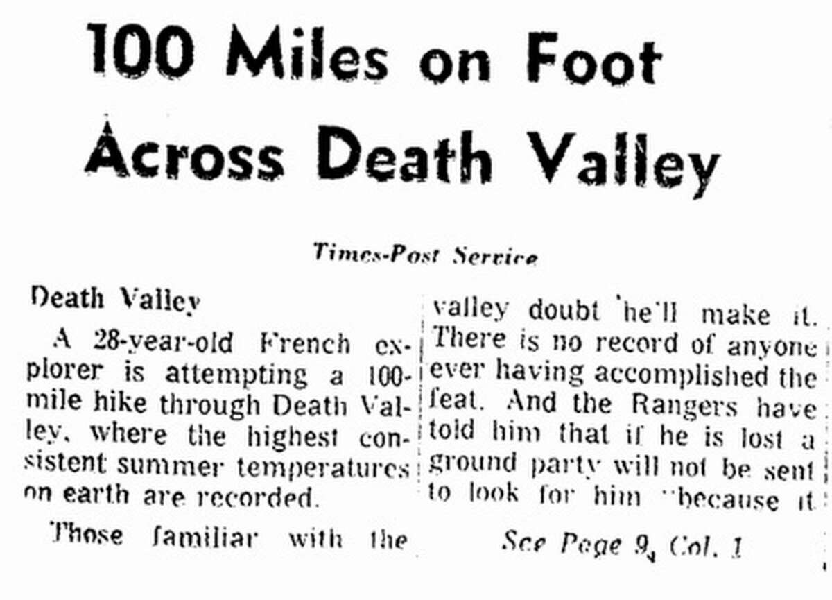 This front-page story was the first San Francisco Chronicle coverage of Marquant's daring Death Valley quest.