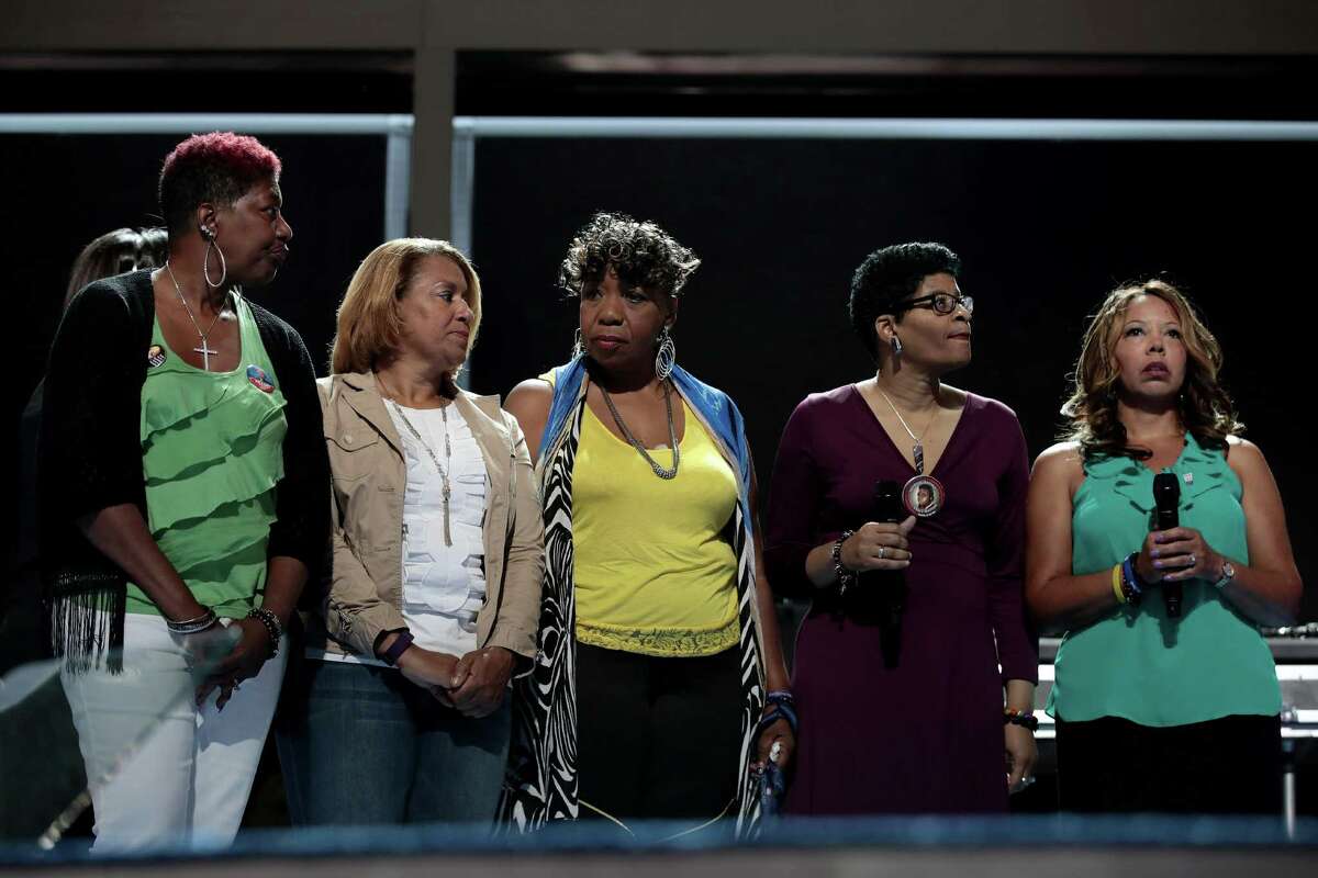 Geneva Reed-Veal, mother of Sandra Bland (second from right) stands on stage with other grieving African-American mothers who have lost their children, prior to the start of the second day of the Democratic National Convention at the Wells Fargo Center, July 26, 2016, in Philadelphia, Pa.
