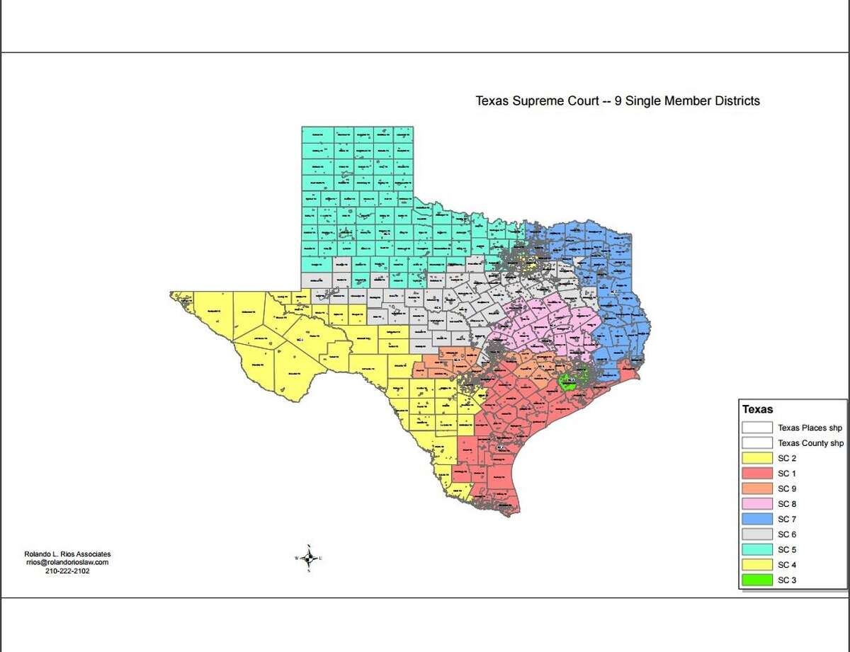 A draft map of nine potential single-member districts to elect judges to the Supreme Court of Texas from San Antonio lawyer Rolando Rios. The map carves out four majority-minority districts -- one each in Houston and Dallas and two anchored in South Texas (with one sprawling far West).